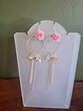 Pink Rose Hoop Earrings with Silver Chain Tassels